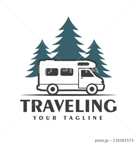 Traveling Logo Design with Camper Van and Pine Tree Icon 116565573