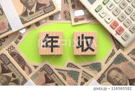 年収（新紙幣と電卓） 116565582