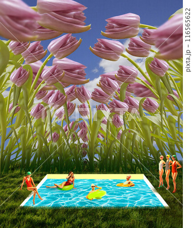 Women lounging and swimming in pool situated in grassy meadow with giant pink tulips. Contemporary art collage. 116565622