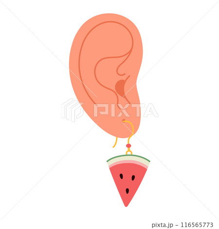 Ear with earring. Summer jewelry Watermelon slice earring flat style.  116565773