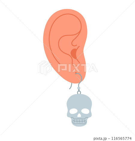 Ear with earring. Silver skull earring, fashion metal jewelry modern flat style.  116565774
