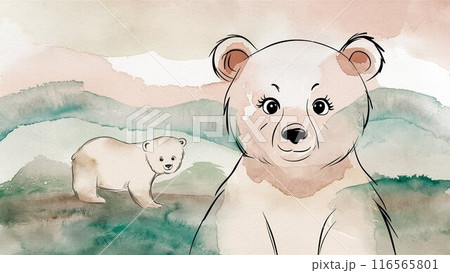 水彩手書き風 クマの親子の絵】山を背景に母熊と子熊 かわいいくまさん