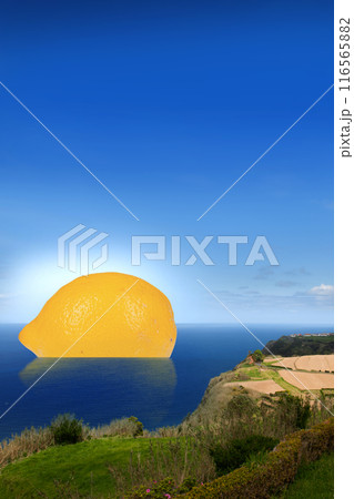 Poster. Contemporary art collage. Surreal artwork. Blending reality and fantasy. Lemon Sunrise. Giant lemon rising from sea like sun. Poster. Contemporary art collage. Surreal artwork. Blending reality and fantasy. Lemon Sunrise. Giant lemon rising from sea like sun. 116565882