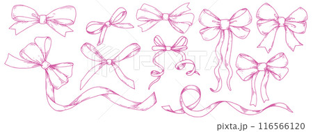set of illustrations in sketch style. bows, silk ribbon. symbol of the fight against breast cancer, femininity 116566120
