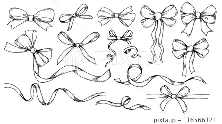 set of illustrations in sketch style. bows, silk ribbon. symbol of the fight against breast cancer, femininity 116566121