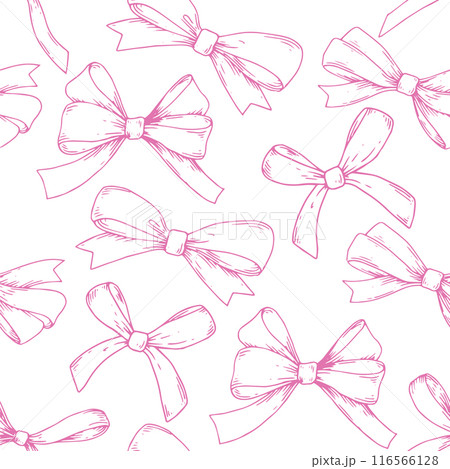 A seamless pattern in a sketch style. Bows and silk ribbon. A symbol of the fight against breast cancer and femininity. 116566128