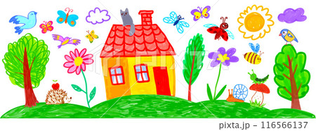 Set of child drawing of summer landscape Set of child drawing of summer landscape 116566137