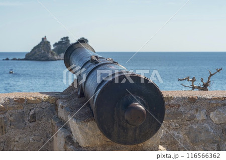 Ancient Cannon Overlooking a Coastal Island and Serene Seascape 116566362