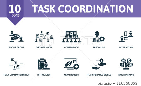 Task Coordination thin line icon set. Focus Group, Organization, Conference, Specialist, Interaction, Team Characteristics, Hr Policies, New Project, Transferable Skills, Multitasking icons and more 116566869