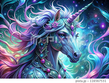 A colorful unicorn with a long mane in front of a starry sky 116567531