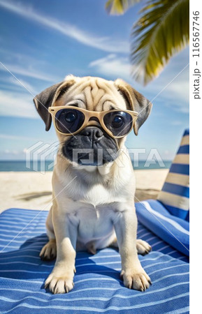A cute pug puppy with sunglasses sits on a beach chair by the sea 116567746