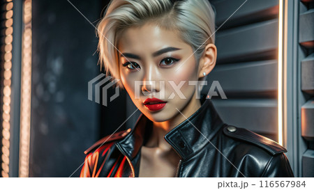 Woman with short blonde hair, black leather jacket, red lipstick 116567984