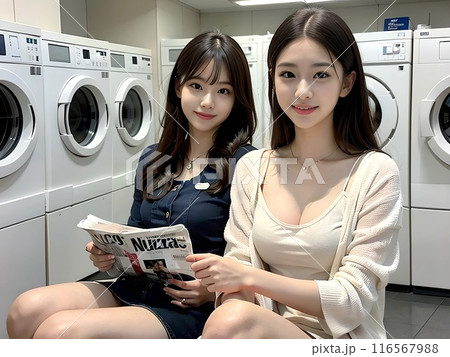 友達と新聞を見ながらコインランドリーを使用している女性 116567988