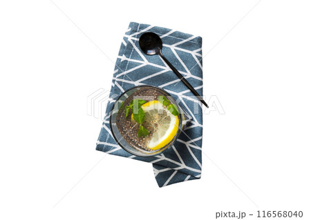 Healthy breakfast or morning with chia seeds lemon and mint on table background, vegetarian food, diet and health concept. Chia pudding with lemon and mint Healthy breakfast or morning with chia seeds lemon and mint on table background, vegetarian food, diet and health concept. Chia pudding with lemon and mint 116568040