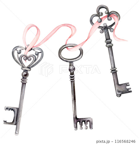 three vintage silver keys on a pink shabby ribbon 116568246