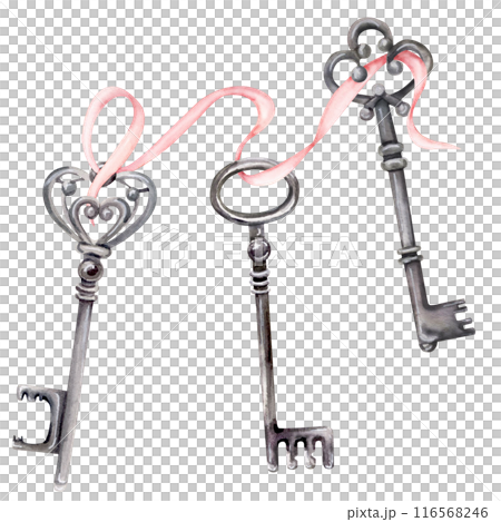 three vintage silver keys on a pink shabby ribbon 116568246