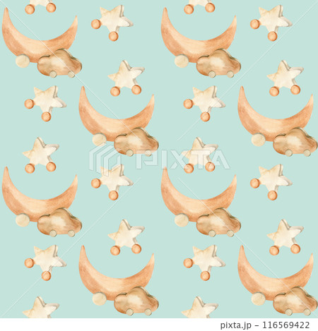 Watercolor wooden moon, cloud and star on wheels seamless kid's pattern on pastel green mint. Hand drawn children style background, eco boho pLaying toys for textile, fabric design. Wallpaper, 116569422