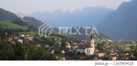 Summer morning in Wangs, Switzerland. Summer morning in Wangs, Switzerland. 116569428