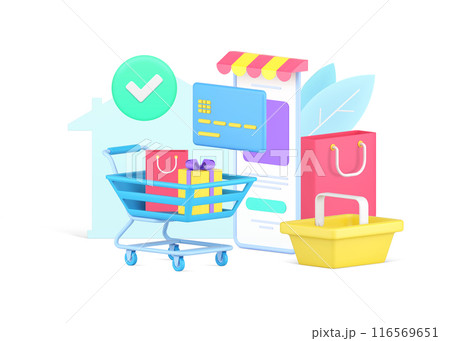 Purchasing goods online at smartphone application retail website with shopping bag, gift boxes Purchasing goods online at smartphone application retail website with shopping bag, gift boxes 116569651