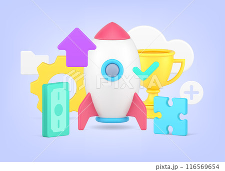 Successful business startup profit with launching rocket, golden cup achievement 3d vector Successful business startup profit with launching rocket, golden cup achievement 3d vector 116569654