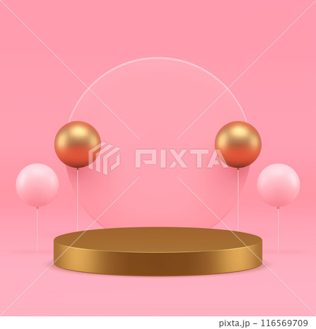 Pink luxury 3d cylinder podium pedestal with air balloon festive showroom realistic vector Pink luxury 3d cylinder podium pedestal with air balloon festive showroom realistic vector 116569709