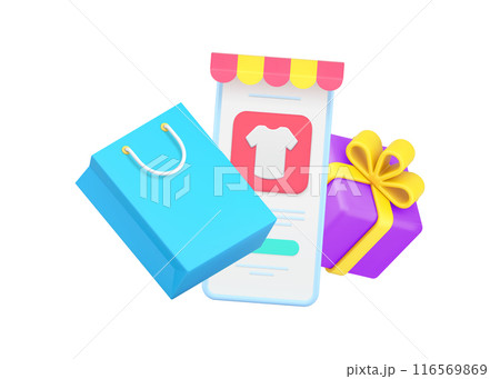 Choosing goods online store smartphone website application awning shopping bag and gift box 3d icon 116569869