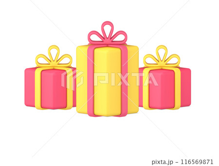 Bright festive package cardboard gift boxes different shapes for congratulations birthday 3d icon 116569871