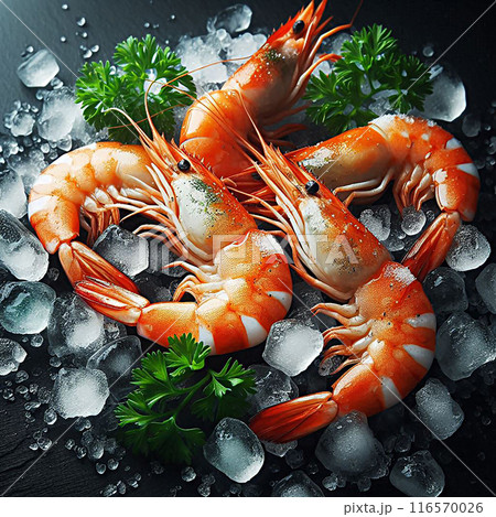 Fresh Shrimp on Ice with Herbs - Seafood Delicacy. Close-up of fresh shrimp on ice garnished with parsley, capturing the essence of gourmet seafood. 116570026
