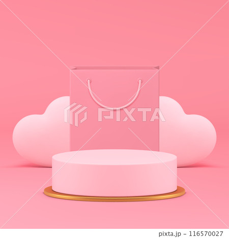 Pink 3d cylinder podium pedestal with shopping bag sale discount product show realistic vector 116570027
