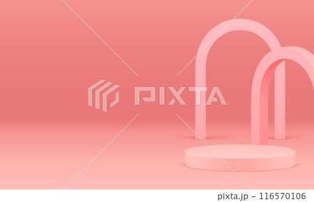 Pink 3d showroom cylinder podium pedestal arch mock up for cosmetic product show realistic vector Pink 3d showroom cylinder podium pedestal arch mock up for cosmetic product show realistic vector 116570106