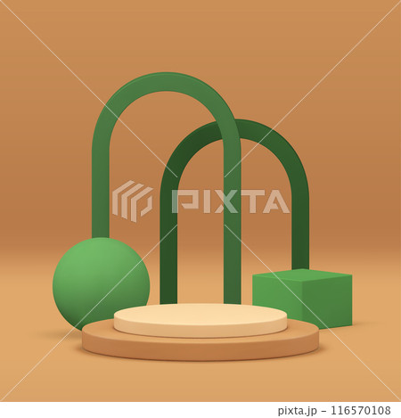 Trendy 3d beige cylinder podium with green arch geometric display for product promo realistic vector Trendy 3d beige cylinder podium with green arch geometric display for product promo realistic vector 116570108