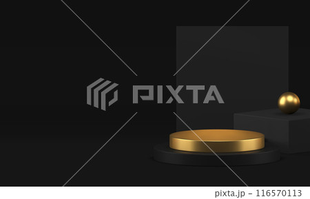 Black luxury showroom 3d podium pedestal with golden elements for product show realistic vector 116570113