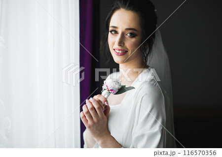 Beautiful bride wearing fashion wedding dress with feathers with luxury delight make-up and hairstyle, studio indoor photo shoot Beautiful bride wearing fashion wedding dress with feathers with luxury delight make-up and hairstyle, studio indoor photo shoot 116570356