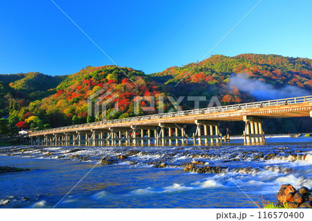 【京都府】快晴の嵐山 渡月橋の紅葉 116570400