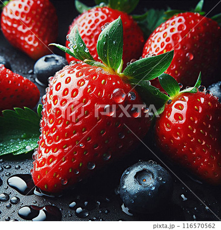 A close-up of fresh, dew-covered strawberries with vibrant red color, highlighting their ripeness and juiciness. 116570562