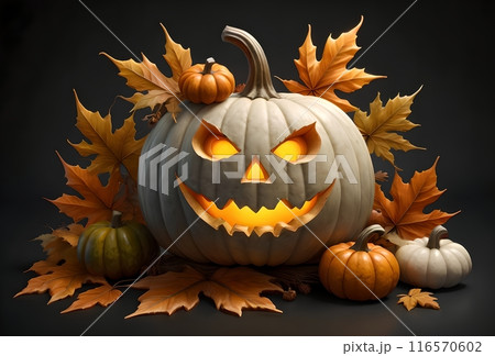 Halloween card, blank space for text, pumpkin, autumn leaves Halloween card, blank space for text, pumpkin, autumn leaves 116570602