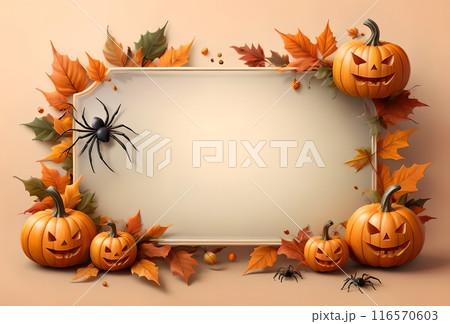 Halloween card, blank space for text, pumpkin, autumn leaves 116570603