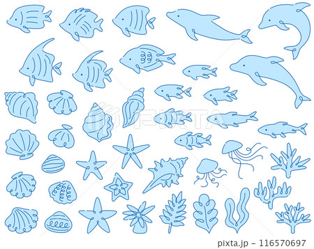 水色の海の生き物の線画つきイラストセット 116570697