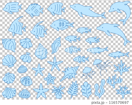 水色の海の生き物の線画つきイラストセット 116570697