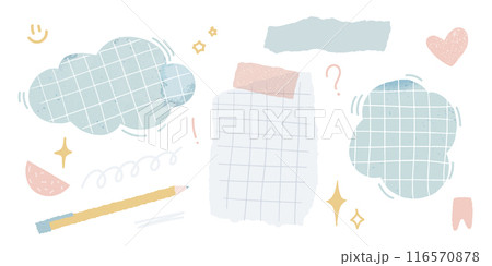 Doodle memo clouds and torn notes, grip paper, small drawing elements like stars and heart. journal vector box, notebook shape 116570878