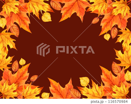 watercolor horizontal frame with autumn leaves, orange maple leaves, hand drawn illustration of yellow and orange autumn leaves, sketch isolated on white background, for autumn posters 116570984