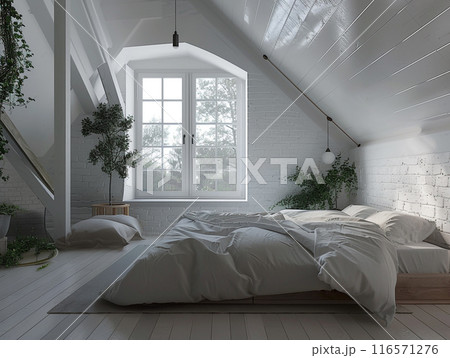 A bedroom in the attic complete with beds and Scandinavian style decorations. 116571276