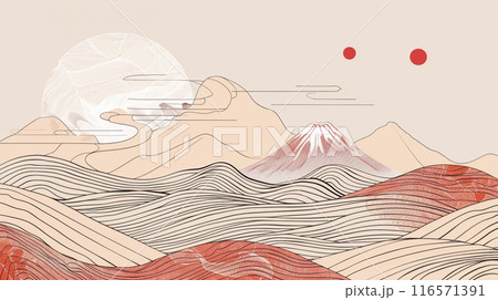 Japanese art style. A mountain range with a red sun in the sky. The mountains are covered in mist and the sun is setting 116571391