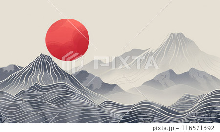 Japanese art style. A mountain range with a red sun in the sky. The mountains are covered in mist and the sun is setting 116571392