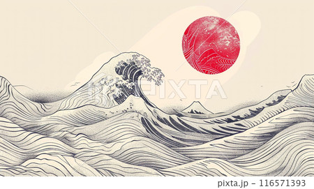 Japanese art style. A mountain range with a red sun in the sky. The mountains are covered in mist and the sun is setting 116571393