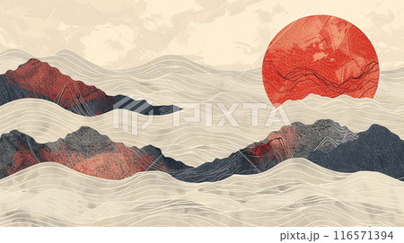 Japanese art style. A mountain range with a red sun in the sky. The mountains are covered in mist and the sun is setting 116571394