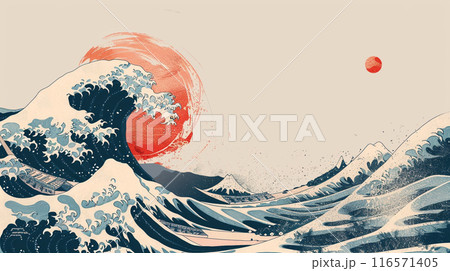 Japanese art style. A mountain range with a red sun in the sky. The mountains are covered in mist and the sun is setting 116571405