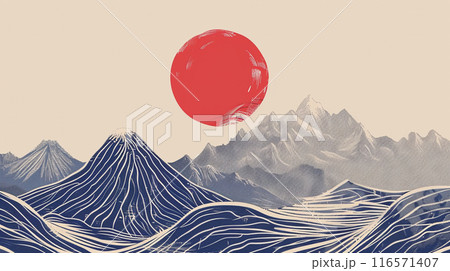 Japanese art style. A mountain range with a red sun in the sky. The mountains are covered in mist and the sun is setting 116571407
