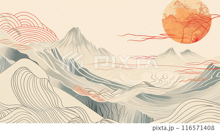 Japanese art style. A mountain range with a red sun in the sky. The mountains are covered in mist and the sun is setting 116571408