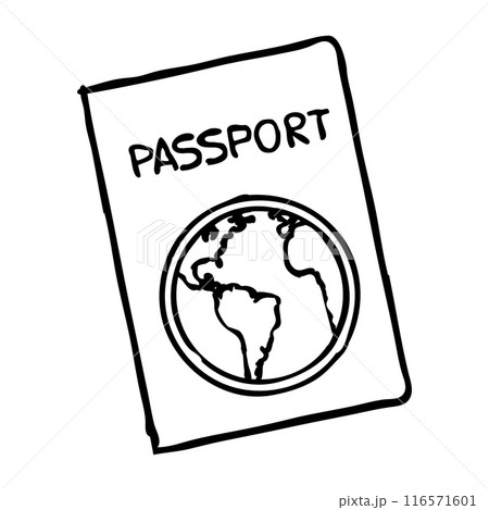 Doodle Passport with globe sketch. Hand drawn graphic symbol isolated on white background 116571601